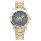 Monogame Navy Blauwe Gouden Stippen Huwelijkssluit Horloge (Voorkant)