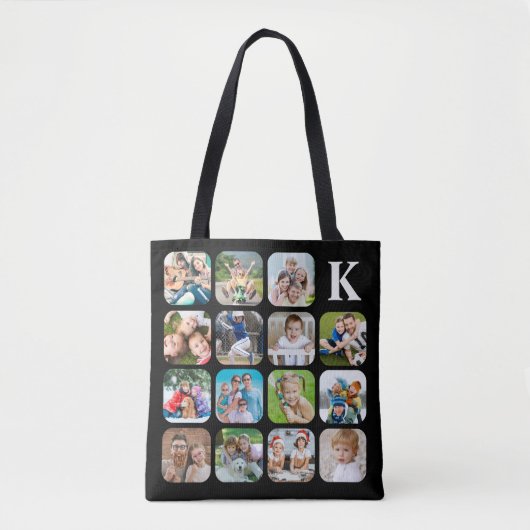 Monogram 15 Afgerond Foto Collage Black Tote Bag (Voorkant)