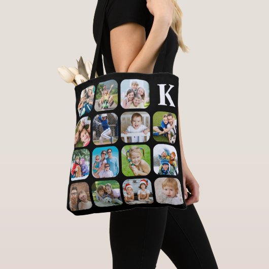 Monogram 15 Afgerond Foto Collage Black Tote Bag (Dichtbij)