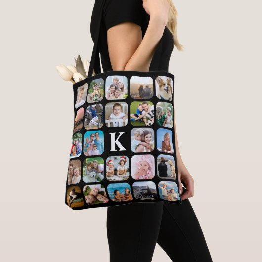 Monogram 24 Afgerond Foto Collage Black Tote Bag (Dichtbij)