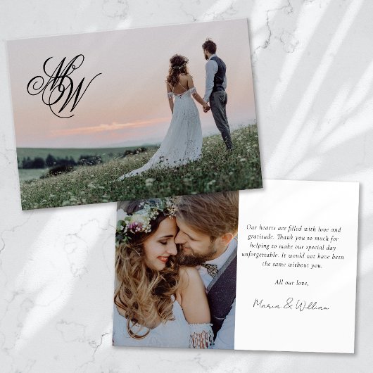 Monogram 2 foto kalligrafie bruiloft bedankkaart