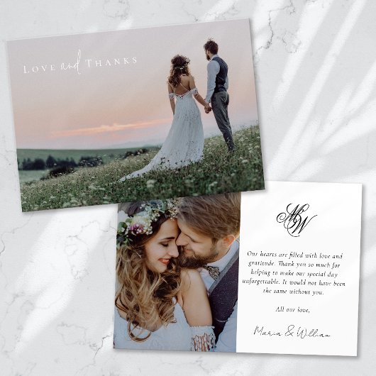 Monogram 2 foto kalligrafie bruiloft bedankkaart