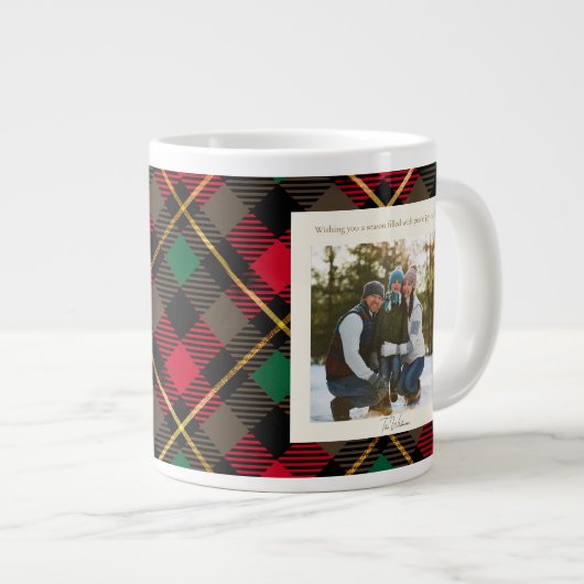 Monogram 2 Photo Rustic Green Red Plaid Christmas Grote Koffiekop (Voorkant rechts)