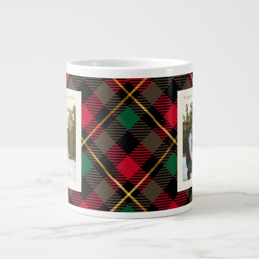 Monogram 2 Photo Rustic Green Red Plaid Christmas Grote Koffiekop (Voorkant)
