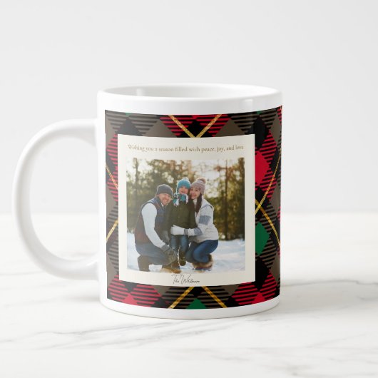 Monogram 2 Photo Rustic Green Red Plaid Christmas Grote Koffiekop (Links)