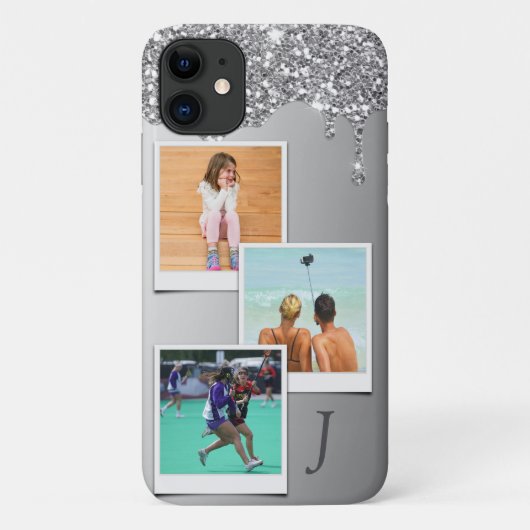 Monogram 3 Fotosjabloon Zilveren Glitter Drip Case-Mate iPhone Case (Achterkant)