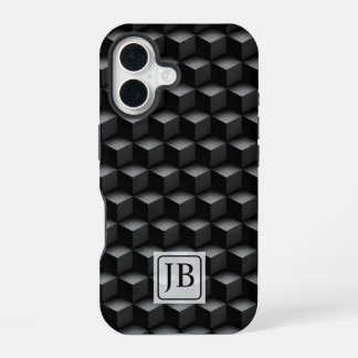 Monogram, 3D Black Geometric Pattern, Modern iPhone 16 Hoesje