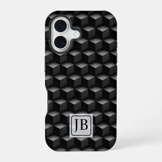 Monogram, 3D Black Geometric Pattern, Modern iPhone 16 Hoesje (Achterkant)