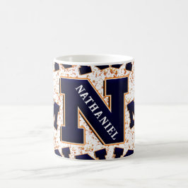 Monogram 3D Naam Navy Blue Oranje Yellow Cute Fun Koffiemok
