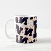 Monogram 3D Naam Navy Blue Oranje Yellow Cute Fun Koffiemok (Links)