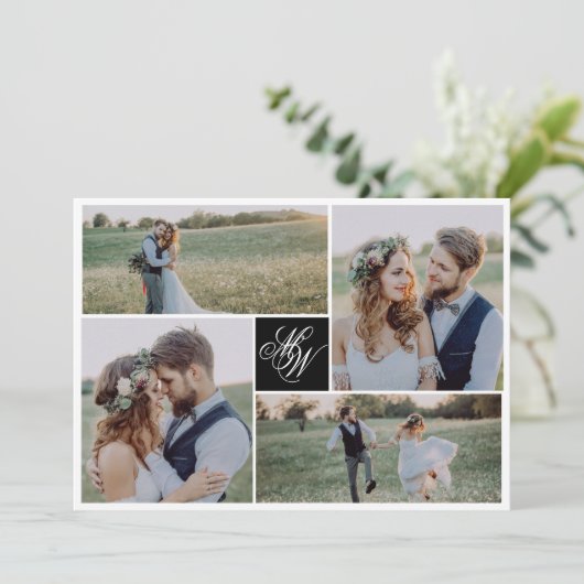 Monogram 4 Foto Weddenschap Bedankkaart (Staand voorkant)