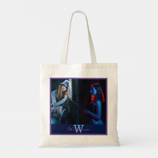 Monogram 4 Fotoscript Naam Aangepaste kleur Canvas Tote Bag (Achterkant)
