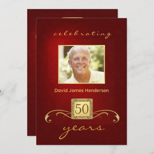 Monogram 50e verjaardag Rood & Goud Kaart (Voorkant / Achterkant)