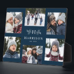 Monogram 6 foto collage familienaam rustige marine fotoplaat<br><div class="desc">Een collage van zes foto's omringt een eenvoudig initiaal en rustige takken samen met een naam en een jaar. Maakt een groot cadeau. De kenmerken van je jaar,  de beste van je familiefoto,  afbeeldingen van kleinkinderen,  trouwfoto's en nog veel meer op dit blauw marinescherm.</div>