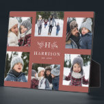 Monogram 6 fotocollage familienaam stoffig roos fotoplaat<br><div class="desc">Een collage van zes foto's omringt een eenvoudig initiaal en rustieke takken samen met een naam en jaar. Maakt een geweldig aandenken cadeau. Kenmerken hoogtepunten van uw jaar, de beste van uw familie fotoshoot, kleinkind afbeeldingen, bruiloft foto's en meer. De stijlvolle stoffige rozen achtergrond coördineert met een verscheidenheid aan home...</div>