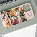 Monogram 6 fotocollage horizontale perzik Case-Mate iPhone case<br><div class="desc">Monogram iPhone hoesje met horizontale fotocollage, die u kunt personaliseren met 6 van uw favoriete foto's en uw initiaal. De sjabloon staat klaar voor u om uw foto’s toe te voegen, die worden weergegeven in landscape, square / instagram en portretformaten. Het ontwerp heeft een perzik achtergrond met groene typografie voor...</div>