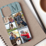 Monogram 6 fotocollage kustblauw hout Case-Mate iPhone case<br><div class="desc">Monogram fotocollage iPhone hoesje dat u kunt personaliseren met 6 van uw favoriete foto's en uw initiaal. De sjabloon is klaar voor u om uw foto's toe te voegen die worden weergegeven in liggende en portretformaten. Het ontwerp heeft een kustblauwe houten achtergrond met blauwe groene randen en typografie voor uw...</div>