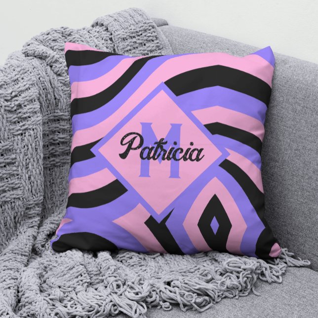 Monogram 70s roze & paarse psychedelische zwart kussen (Creator heeft geüpload)