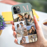 Monogram 7 Fotocollage op groen Case-Mate iPhone Case<br><div class="desc">Monogram fotocollage iPhone hoesje dat u kunt personaliseren met 7 van uw favoriete foto's en uw initiaal. De sjabloon is klaar voor u om uw foto's toe te voegen, werken van boven naar beneden aan de linkerkant, dan van boven naar beneden aan de rechterkant. Het ontwerp heeft een groene achtergrond...</div>