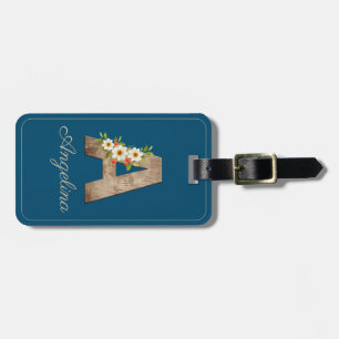 Monogram A blauwe houten letter bloem Bagage Labe Bagagelabel
