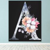 Monogram A Bloemmotief Blauw Canvas Afdruk (Insitu (Houten vloer))