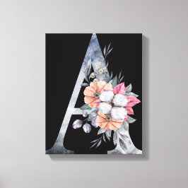 Monogram A Bloemmotief Blauw Canvas Afdruk