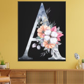 Monogram A Bloemmotief Blauw Canvas Afdruk (Insitu (Woonkamer))