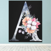 Monogram A Bloemmotief Blauw Canvas Afdruk (Insitu (Houten vloer))