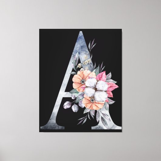 Monogram A Bloemmotief Blauw Canvas Afdruk (Voorkant)