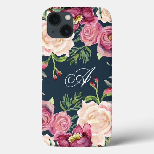Monogram A Burgundy Floral Roos Leaf Foliage Case-Mate iPhone Case (Achterkant)