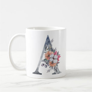 Monogram A Floral Blue Waterverf Coffee Mok