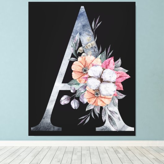 Monogram A Floral Blues Canvas Afdruk (Insitu (Houten vloer))