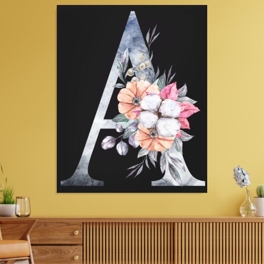 Monogram A Floral Blues Canvas Afdruk (Insitu (Woonkamer))