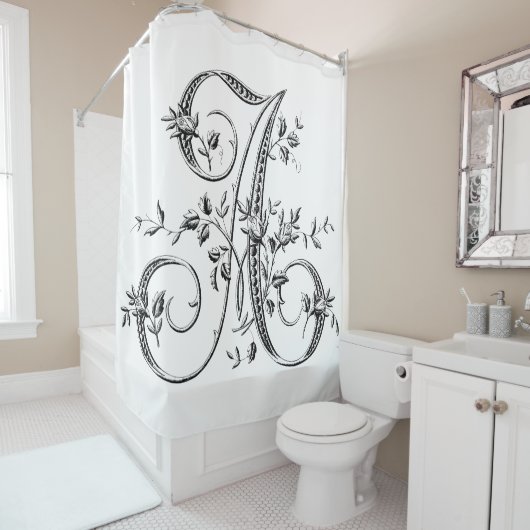 Monogram A  Franse Rosebud Letter in Black Douchegordijn (In situ)