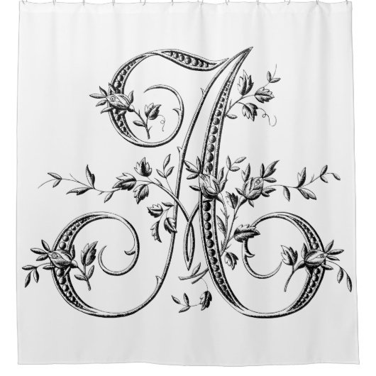 Monogram A  Franse Rosebud Letter in Black Douchegordijn (Voorkant)