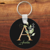 Monogram A groene eucalyptus faux goudfolie zwart  Sleutelhanger (Voorkant)