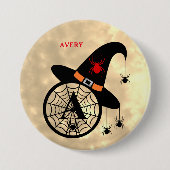 Monogram A Halloween Sky Witch Spiders Naam Button (Voorkant)
