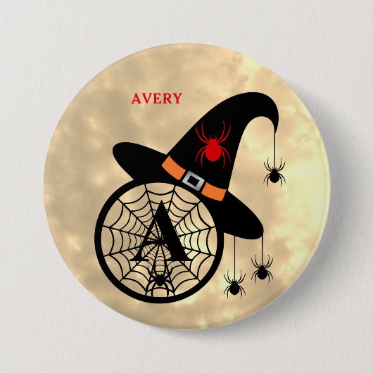 Monogram A Halloween Sky Witch Spiders Naam Button (Voorkant)