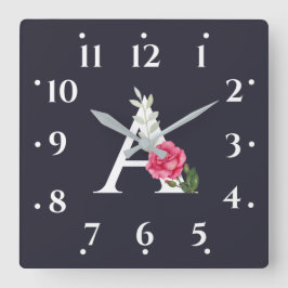 Monogram A in White Roze Rose en Leaves Grey Vierkante Klok