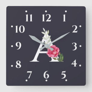 Monogram A in White Roze Rose en Leaves Grey Vierkante Klok