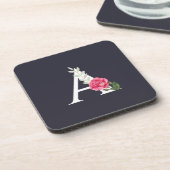 Monogram A in White Roze Rose en Leaves Square Bier Onderzetter (Linkerzijde)
