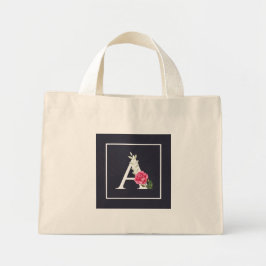 Monogram A in witte roze roos en bladeren donkergr Mini Tote Bag