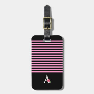 Monogram A in witte roze roos en strepen met blade Bagagelabel