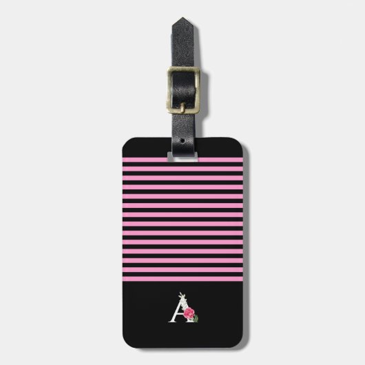 Monogram A in witte roze roos en strepen met blade Bagagelabel (Voorkant verticaal)