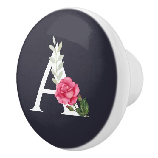 Monogram A in witte roze roze en bladeren Keramische Knop (Rechts)