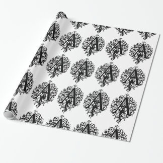 Monogram A Initiaal Black en White Floral Pattern Cadeaupapier