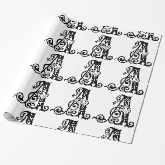 Monogram A Initiaal Black en White Floral Pattern Cadeaupapier (Uitgerold)