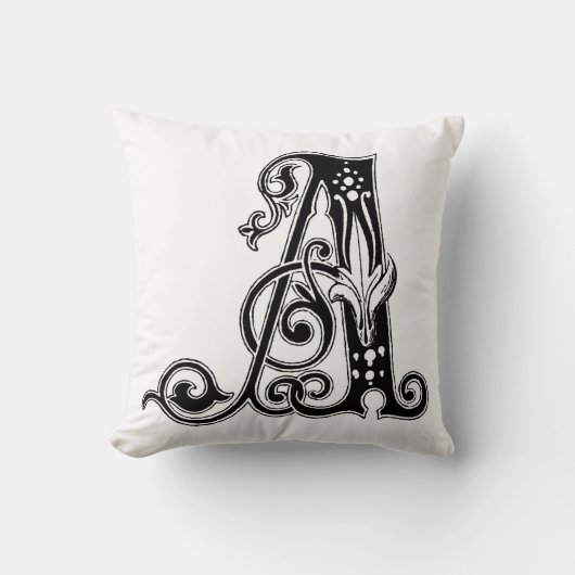 Monogram A Initiaal Black en White Floral Pattern Kussen (Voorkant)
