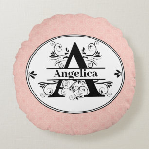 Monogram A met een licht roze patroon achtergrond Rond Kussen