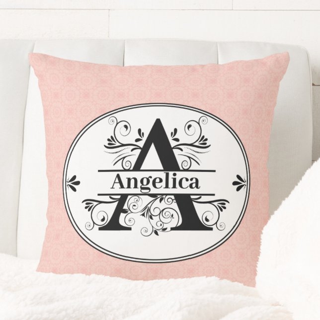 Monogram A met kleine roze patroon achtergrond Kussen (Monogram A with small pink pattern background Throw Pillow)